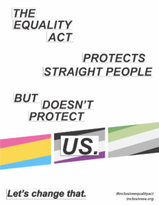 The Equality Act Protects Straight People, But Doesn't Protect Us. Ace, Aro, and Pan flags are behind the word "Us".